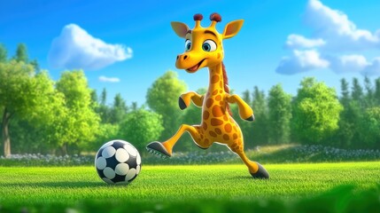 Naklejka premium Cartoon Giraffe in Soccer Uniform Kicking a Ball