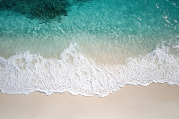Drone photograph of tropical sea sand beach, Aerial shot shoreline coastline photographs, turquoise water white sands, bird's eye view survey