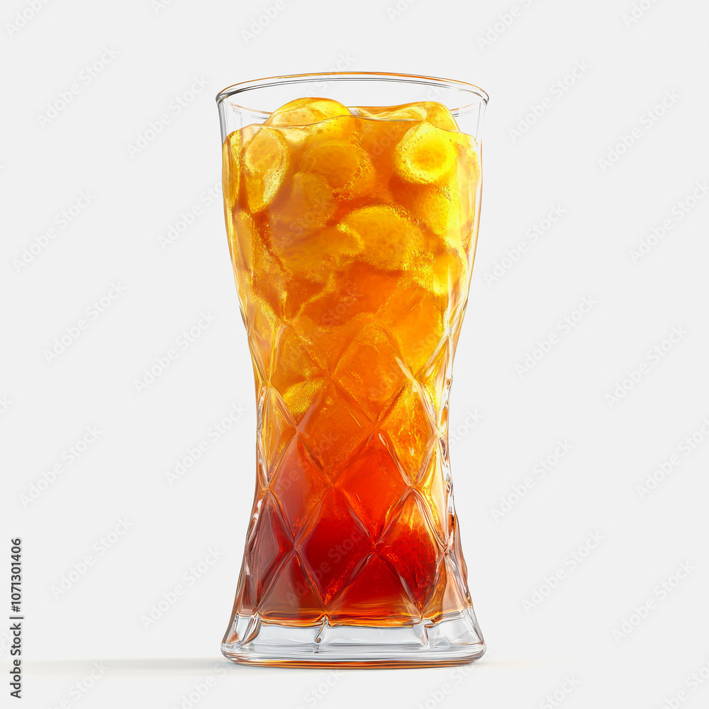 Poster a 3d rendering of a refreshing tangerine juice glass filled with ice cubes. it showcases vibrant col