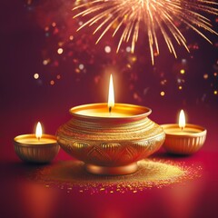 Traditional Diwali Celebration Background with Maroon Texture, Gold Motifs, Oil Lamps, and Fireworks