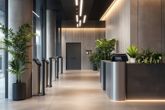 Business office gate with anti theft turnstile and access control scanner