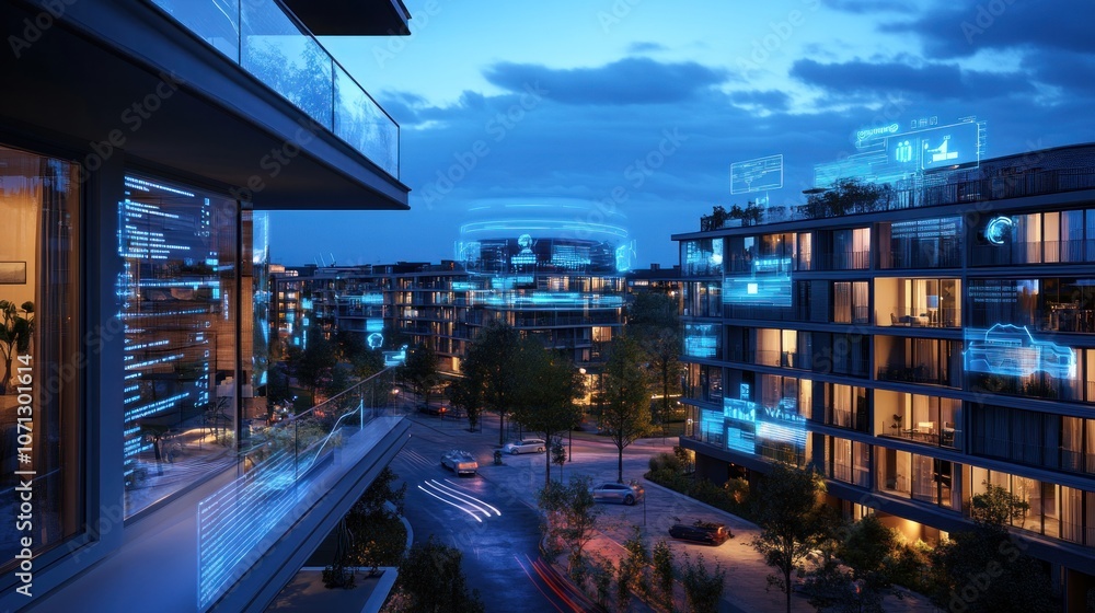 Poster futuristic cityscape at dusk with digital interfaces and modern architecture.