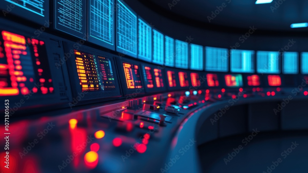 Poster a futuristic control room with illuminated panels and intricate buttons, showcasing a high-tech envi