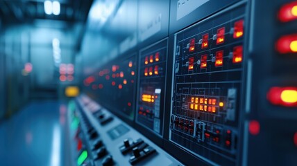 Fototapeta premium An illuminated control panel with vibrant buttons and indicators, set in a high-tech environment, showcasing intricate details of a modern system.