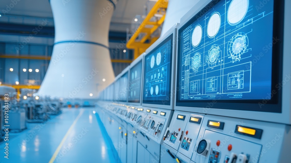 Poster a control room in a power plant featuring advanced monitors displaying data and a large cooling towe