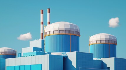Fototapeta premium A vibrant depiction of an industrial facility featuring large cooling towers and smokestacks against a clear blue sky.