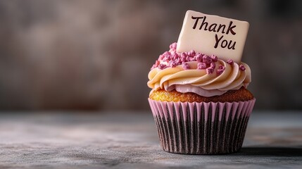 A single cupcake with pink frosting and a thank you sign on top.