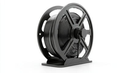 Naklejka premium Electric cable reel with a black cord, isolated on a clean white background, ideal for extension needs