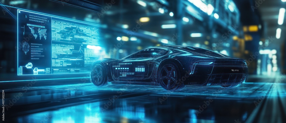 Poster a futuristic car in a high-tech environment with digital interfaces.