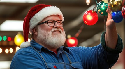 Electrician in Santa Outfit Testing Colorful Lights