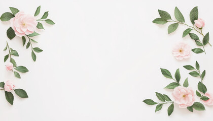 Obraz premium Soft pink flowers and green leaves create a delicate frame on a white background, perfect for invitations or artistic designs.