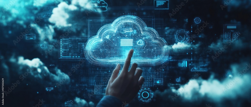 Poster a hand interacts with a digital cloud interface and data symbols.