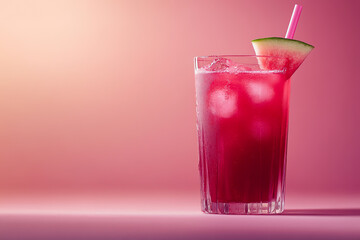 A refreshing glass of watermelon juice filled with ice, garnished with a watermelon slice and a straw, set against a smooth gradient background. Perfect for summer vibes.