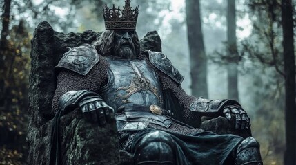 Fototapeta premium Majestic Armored Ruler on Throne in Enchanted Forest