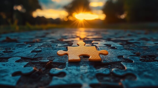 A single puzzle piece, the last one to be placed, sits on a path leading to a sunset.