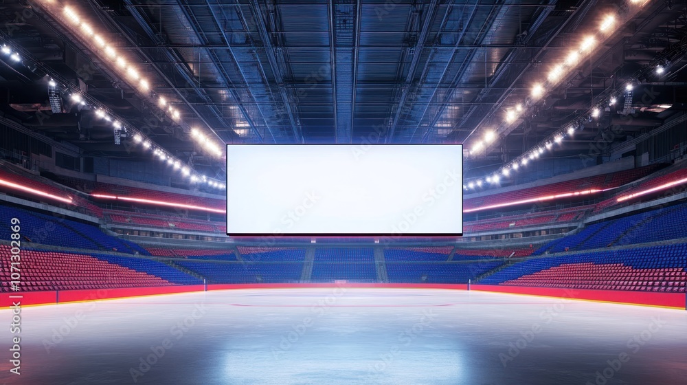 Poster empty ice rink with a large screen, ready for an event or game.