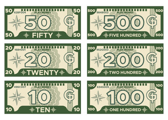 A set of play money. Isolated on white background. Vector illustration.