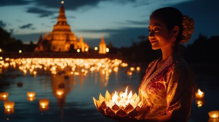 Obraz premium A beautiful Thai woman in Loy Krathong festival scene.