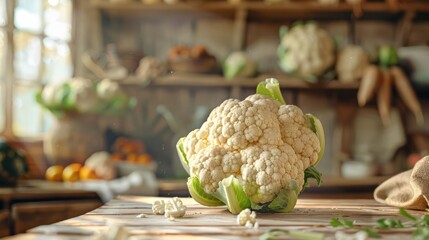 A close-up view of freshly harvested cauliflower florets on a wooden counter.