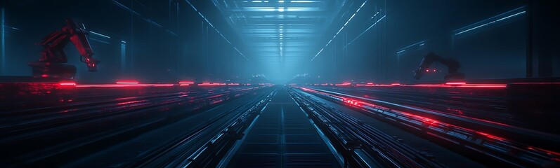 A futuristic scene featuring glowing red and blue lights in a dark, high-tech environment, creating a sense of depth and mystery.
