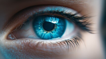 Fototapeta premium Close up of a blue eye with long eyelashes.