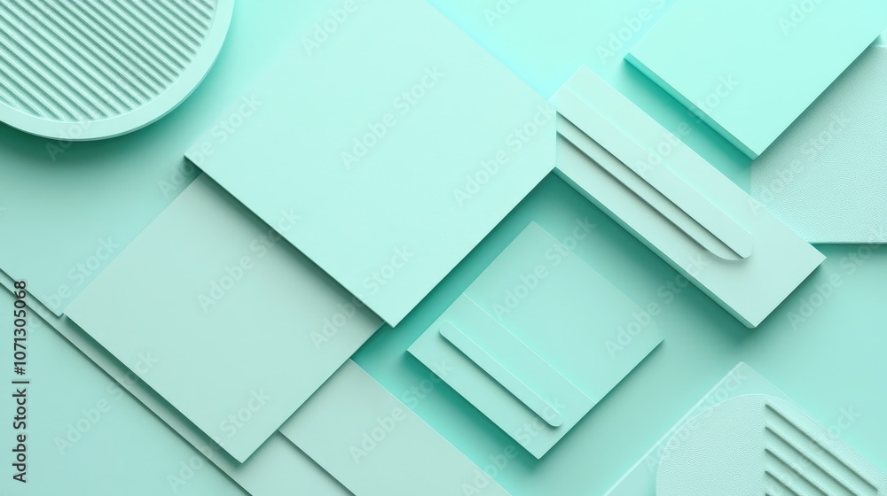 Poster a minimalist mint background with different textures and styles, including geometric shapes and soft