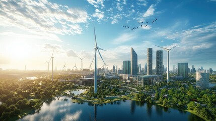 A panoramic shot of electric wind turbines turning in the distance, alongside a bustling tech hub powered entirely by renewable energy.