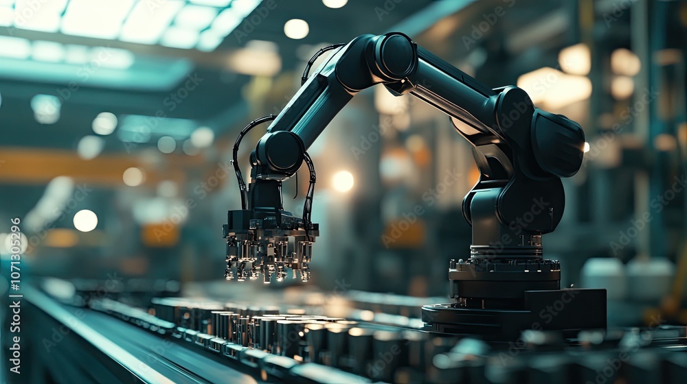 Poster a robotic arm working in an automated manufacturing line, showcasing the efficiency of ai and automa