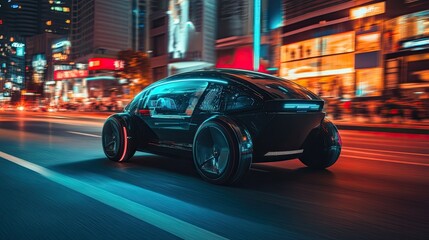 Fototapeta premium A self-driving electric car on a city street, symbolizing the fusion of AI and automation in the future of transportation.