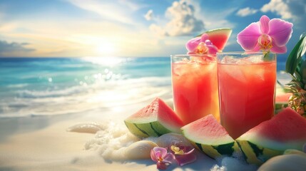 Obraz premium watermelon and pineapple juice served in glasses, adorned with orchid flowers