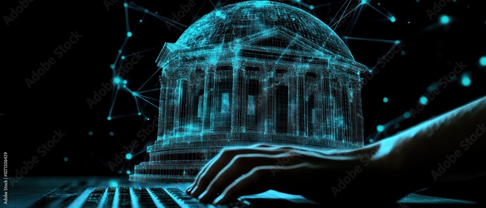 Poster a digital representation of a dome structure with a keyboard, symbolizing technology.