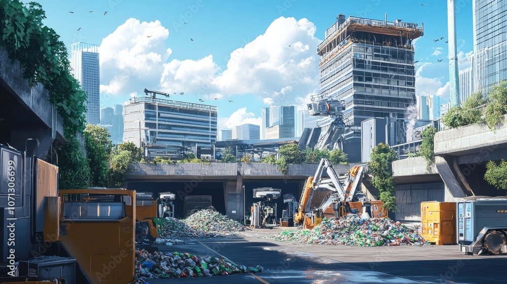 Poster high-tech recycling systems in an eco-friendly cityscape, with robots sorting materials and reducing