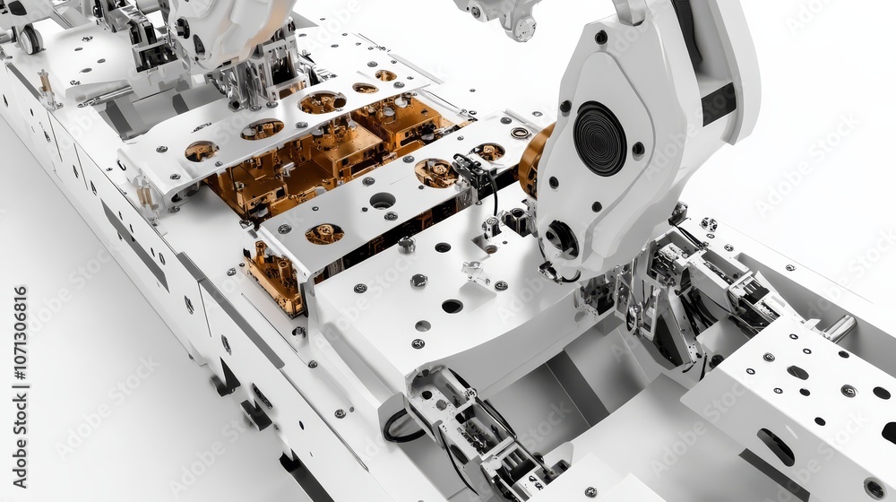 Poster industrial robot arm precision assembly: a close-up view of a robotic arm meticulously assembling co
