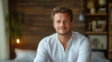 Fototapeta premium Confident Young Man Smiling in a Cozy Modern Bedroom Setting