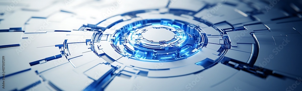 Poster a futuristic digital design featuring a circular pattern with vibrant blue accents, representing tec