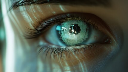 Naklejka premium Close-up of an eye reflecting a digital landscape.
