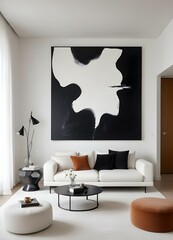A minimalist living room with a large abstract landscape painting on the wall, a white sectional sofa, and a potted plant.
