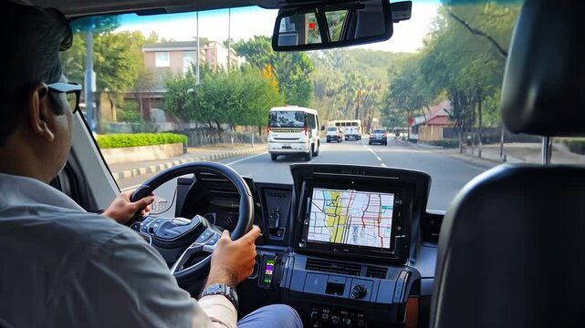 indian men Driving a truck with a tablet on the dashboard. The tablet is showing a map of the route ahead.