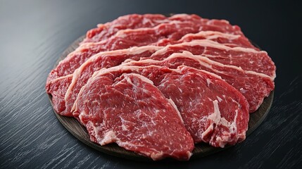 Top View of Fresh Raw Meat Slices on a Round Wooden Desk, Featuring Dark Background for Meat Preparation, Kitchen, and Culinary Freshness