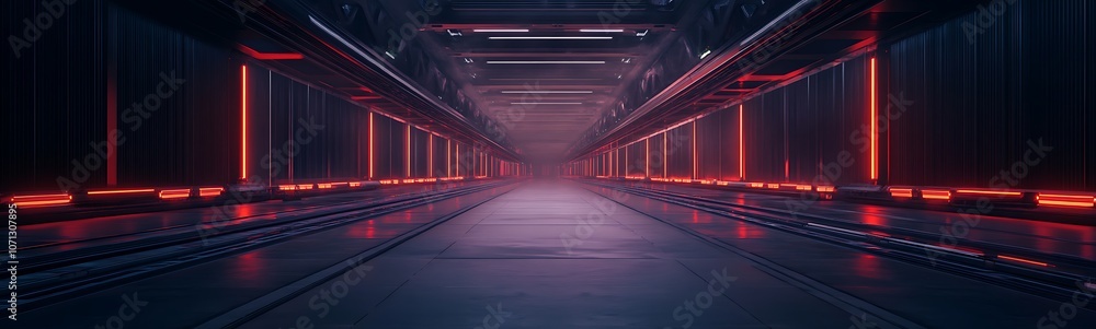 Poster a futuristic corridor illuminated with red lighting, featuring sleek walls and a tech-inspired aesth