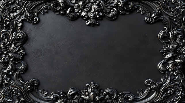 Elegant black frame with intricate, silver, gothic-style ornamentation, perfect for invitations, book covers, and decorative projects. Gothic. Illustration