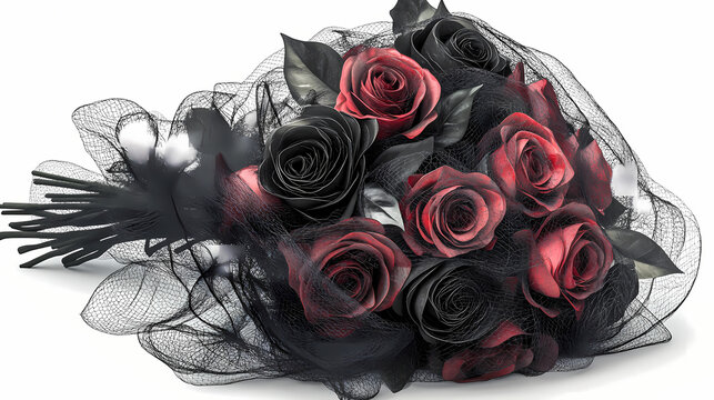Elegant bouquet of black and red roses with intricate netting, perfect for gothic themed events or unique wedding decor. Gothic. Illustration