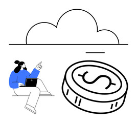 Woman with laptop pointing at cloud with large dollar coin nearby. Ideal for cloud computing, online finance, digital economy, investment, remote work, financial planning, and fintech. Line metaphor
