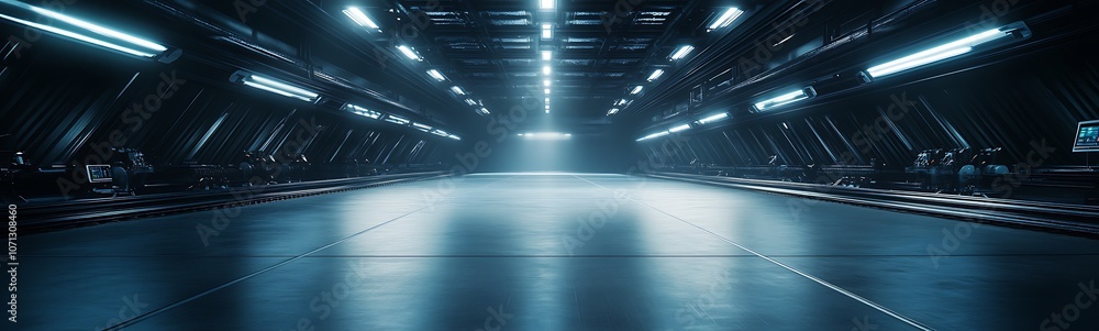 Aufkleber a futuristic, dimly lit space with glowing lights and a sleek floor, suggesting a high-tech environm