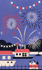 Colorful Fireworks Celebration Over Waterfront with Spectators