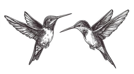 Fototapeta premium Two Hummingbirds Flying in the Air on a White Background, Scratch Board Hand-Drawn Style for Vintage and Natural Aesthetic
