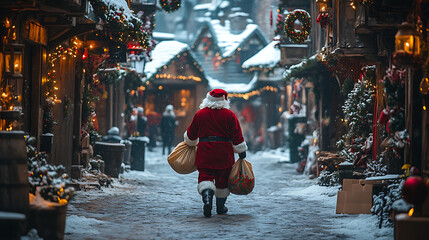 Naklejka premium A man dressed as Santa walks down a snowy street