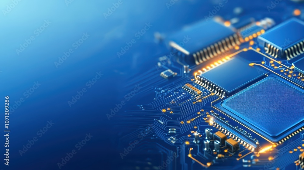Poster intricate closeup of computer chip, exploring the complex circuitry and components on blue backgroun