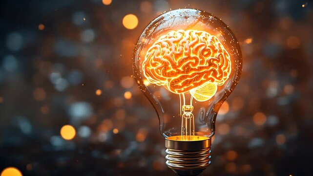 A glowing light bulb with a human brain inside, set against a background of bokeh lights.