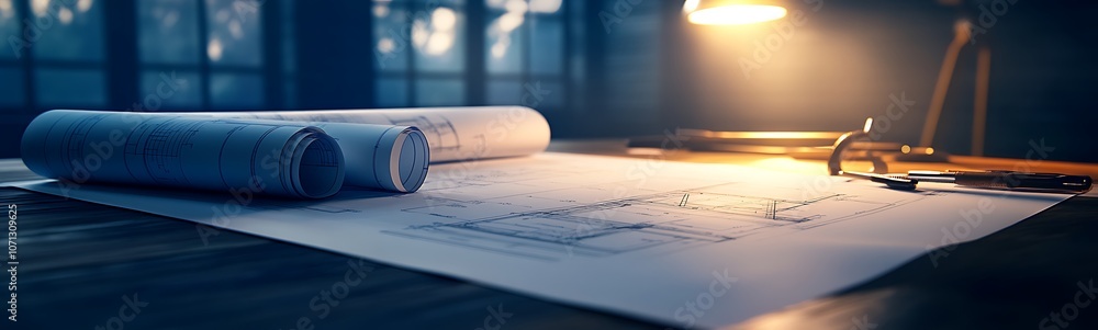 Poster a detailed workspace featuring blueprints, a compass, and warm lighting, creating a focused atmosphe
